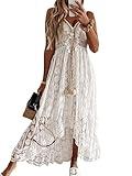 CUPSHE Women's Summer Dresses Sleeveless Lace Casual Tassel Beach Spaghetti Straps Flowy Maxi Sun Dress White, L