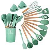 15-Piece Silicone Wooden Handle Kitchen Utensils Set, Cooking Tools with Holder, Kitchen Gadgets for Non-Stick Cookware