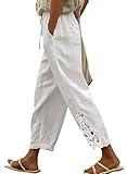 Acelitt Women Casual Linen Pants Fall Fashion Lightweight Drawstring Elastic Waist Ankle Capri Pants with Pockets White Small