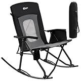 PORTAL Oversized Folding Rocking Camping Chair Portable Outdoor Rocker with High Back Hard Armrests Carry Bag, Supports 400 lbs, Mesh Back, Black & Grey