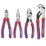 WORKPRO 4-Piece Pliers Set, Premium CR-V Construction Pliers Tool Sets Including Long Nose, Diagonal Cutting, Groove Joint and Slip Joint Pliers, Red