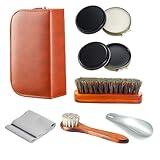 Shoe Care Kit,includes a Medium Horsehair Shoe Brush, a Long-Handled Round Brush, White Shoe Polish, a Black Shoe Polish, a Polishing Cloth, a Shoe Horn, and a Storage Box.