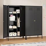 LINGZOE 2 Magnetic Doors Steel Wardrobe Closet Storage Accent Cabinet with Hanging Rod and Laminate,Classified Storage Metal Tall Storage lockers Armoire with Leg for Home Bedroom（Black）