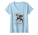 Womens Girly Dragon Fantasy Floral Mythical Creature V-Neck T-Shirt