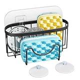 HapiRm Multifunctional Sponge Holder with Unique M-Shaped, 2 Installation Methods Kitchen Sink Caddy Organizer, Rustproof Stainless Steel Sponge Caddy for Brush, Sink Stopper and Scraper -Black