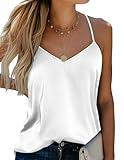 Ekouaer Womens Silk Satin Tank Tops V Neck Cami Adjustable Spaghetti Strap Camisole Summer Basic Tank Shirt White M