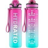 QLUR Water Bottle with Straw, 32oz Motivational Water Bottles with Time Marker to Drink, Tritan BPA Free, 1L Sports Water Bottle with Carry Strap LeakProof for Women Gym Fitness Outdoor (1 Pack)