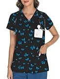 LOMON Scrubs for Women V Neck Butterfly Scrub Tops Soft Knit Scrub Printed Shirts with 3 Pockets Blue Butterfly XXL
