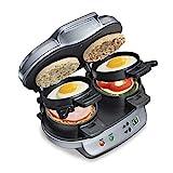 Hamilton Beach Dual Breakfast Sandwich Maker with Timer, Ready in 5 Minutes, Removable Dishwasher Safe PFAS-Free Non-Stick Egg Cooker Ring, Silver (25490MNA)