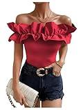 OYOANGLE Women's Ruffle Trim Off Shoulder Short Sleeve Blouse Party Tops Shirt Red XL