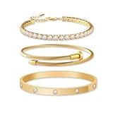JUNVirtuous 3-Pack Gold Bracelets for Women,18K Gold Plated Bangle Tennis Bracelets Stack Set for Women Trendy Non Tarnish Stainless Steel Gold Bangles Accessories Designer Jewelry Pulseras Para Mujer