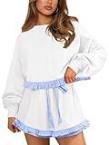 MIYIEONZ Womens 2 Piece Set Crewneck Sweatshirt Ruffle short Sets Fall Fashion cute tennis Matching Lounge Outfits Medium White