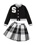 YOURUIKEY Cute Clothes for Girls Fall Winter 2 Piece Back to School Outfit Kid Baseball Jacket Plaid Skirt Clothing Set Size 11-12