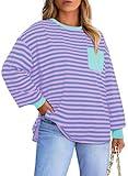 Eytino Women Plus Size Shirts Long Sleeve Crewneck Striped Comfy Soft Tops Fall Fashion Clothes,5X Purple