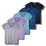 Real Essentials Womens V Neck T-Shirt Ladies Yoga Top Athletic Tees Active Wear Gym Workout Zumba Exercise Running Essentials Dry Fit Dri Fit Moisture Wicking Basic Clothes, Set 1, XXL, Pack of 5