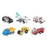 Battat – Miniature Toy Cars – 6Pcs Wooden Minis – Classic Rescue & Construction Vehicles – Steamroller, Dump Truck – 3 Years + – Wooden Vehicles Set 2