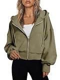 Trendy Queen Hoodies for Women Full Zip Up Cropped Sweatshirts Jackets Casual Comfy Gym Tops Fall Outfits Winter Clothes 2024 ArmyGreen M