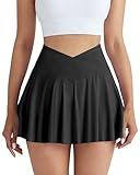 CHRLEISURE Women Tennis Golf Skirt with Pockets - High Waisted Crossover Golf Pleated Athletic Workout Dress Running Skort(AMZ70,Black,M)