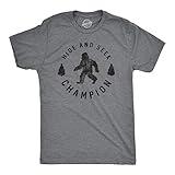 Crazy Dog Men T Shirt Hide and Seek Champion Funny Sasquatch Campfire Story Legend Shirt Bigfoot Tee Humor Witty Graphic Print Dark Heather Grey L