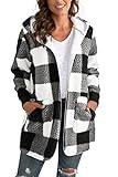 Yanekop Plaid Sherpa Jacket Women Gifts For Christmas Long Sleeve Fuzzy Cardigan Fleece Hoodie Coat with Pockets(B Black Plaid,S)