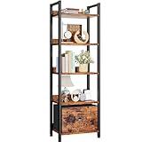 Furologee 5 Tier Bookshelf with Drawer, Tall Narrow Bookcase with Shelves, Wood and Metal Book Shelf Storage Organizer, Industrial Display Standing Shelf Unit for Bedroom, Living Room, Rustic Brown