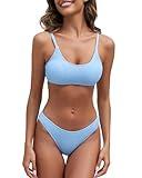Fanuerg Women's Ribbed Bikini Sets Scoop Neck Cheeky Swimsuit Textured Two Piece Bathing Suit Light Blue S