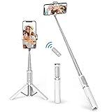 ATUMTEK Selfie Stick Tripod, Extendable 3 in 1 Aluminum Bluetooth Selfie Stick with Wireless Remote and Tripod Stand for iPhone 16/15/14/13/12/11 Pro Max/XS Max/XS/XR/X/8/7, Samsung Smartphones White