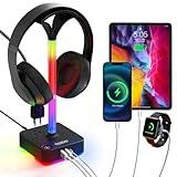 cozoo RGB Headphone Stand with Charger 3 USB Ports and 2 AC Outlets,2 USB-A 1 Type C,Desk Gaming Headset Holder with 9 Light Modes,PC Gaming Desk Accessories,Gamer Gifts,RGB Gaming Stuff Headset Stand