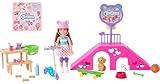 Barbie Chelsea Doll & Skate Park Playset with 2 Puppies, Skate Ramp, Scooter & 15+ Accessories, Brunette Small Doll with Blue Eyes