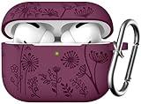 Lerobo Purplish Red Silicone Case for AirPods Pro 2/1 2023/22/19, Floral Engraved Protective Cover with Keychain, Portable Electronic Device Cover