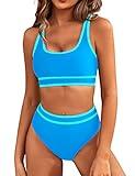 BMJL Women's High Waisted Bikini Sets Sporty Two Piece Swimsuits Color Block Cheeky High Cut Bathing Suits(L,Blue)