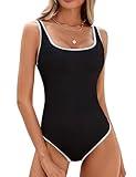 BMJL Women's One Piece Swimsuit Sports Adjustable Strap Bathing Suit Color Block Ribbed High Cut Swimsuits(L,Black)