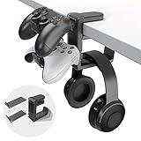 3-in-1 PC Gaming Headset&Controller Holder - EURPMASK Headphone Stand w/Adjustable Clamp&2 Controller Holder&Rotating Arm&Cable Organizer, Universal PC Gaming Accessory Controller Headset Stand-Black