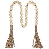 Farmhouse Wood Beads Garland, Decorative Bead Home Decor Wooden Beads Garland with Tassel Country Room Hanging for Wood Entryway Table, Shelf, Tray, Curtain Decor (Beige, 34 Inches)