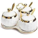 ZENFUN Set of 3 Ceramic Condiment Pots with Trays, Condiment Jars Containers with Lids and Spoons, Porcelain Sugar Salt Bowls Set, White Spice Seasoning Box for Kitchen, Restaurant, Counter, Home