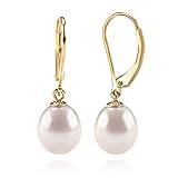 PAVOI 14K Yellow Gold Plated Freshwater Cultured Pearl Earrings Leverback Dangle Studs - Handpicked AAA Quality 6mm