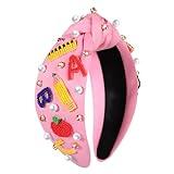 NVENF Crystal Pearl Knotted Rhinestone Beaded FRI-YAY Embellished Top Knot Headband for Women, Back To School and Teacher Appreciation Gift (School-Pink)