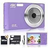 Digital Camera for Teens, FHD 4K 44MP Digital Camera Purple with 64GB SD Card 16X Digital Zoom, Cameras for Photography Compact Point and Shoot Camera for Teen Boys Girls Kids Camera Digital Purple