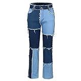 THUNDER STAR Womens Patchwork Straight Leg Jeans Mid Rise Stretch Frayed Denim Pants Blue US 2-4