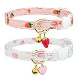 2 Pack Cotton Breakaway Cat Collar Pink Strawberries and White Heart Shaped Pendant Cute Kitten Cat Collar with Bell