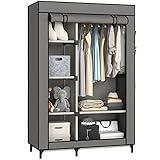 Buzowruil Canvas Wardrobe Portable Closet Wardrobe Clothes Storage with 6 Shelves and Hanging Rail,Non-Woven Fabric, Quick and Easy Assembly,Grey