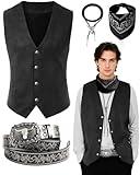 PARTTELY Western Cowboy Outfit for Men Faux Suede Vest Western Belt Necktie and Bandana for Halloween Costume Party