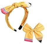 2 Pcs Back to School Outfits Headbands for Girls,Pencil Hair Bow Clips Hair Accessories for Teen Girls, First Day Of School Gifts for Students,School Bows Uniform for Student, Pencil Yellow Headband