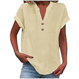 Spring Break Essentials,Linen Shirt for Women Summer Button Down Short Sleeve V Neck Top Solid Color Comfy Blouses Casual Dressy Tunic Clothes