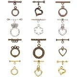 PH PandaHall 120 Sets Toggle Clasps, 12 Styles Jewelry Closure Clasp Ring Tibetan Style Clasps Fastener Hook Toggle Connectors TBar End Clasps for Necklace Bracelet Jewelry Making, 4 Colors