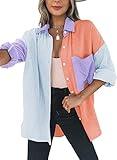 Dokotoo 2025 Stylish Fall Shirts for Women Color Block V Neck Collared Button Down Roll Up Long Sleeve Comfy Casual Oversized Ladies Womens Fashion Outerwear Blouses Tops Purple L