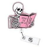 Funny Skeleton Office Badge Buddy, How to BE A Nurse Work Badge Holder with Retractable Clip, Cute Pink Medical Badge Clip for RN CNA LPN LVN MA Hospital Worker Nursing Student Teacher
