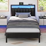 Furnulem Twin Size Bed Frame with Charging Station and LED Lights, Platform Bed with Metal Slats, Grey Upholstered Headboard with 2-Tier Storage Shelves, No Box Spring Needed