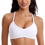 CRZ YOGA Butterluxe Womens Ruched V Neck Sports Bra - Y Back Spaghetti Thin Strap Wireless Padded Bra Yoga Crop Top White Medium