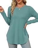 XIEERDUO Long Sleeve Shirts for Women Dressy Casual Round Neck Basic Tunic Tops Side Split Blue Green L